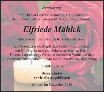 Traueranzeige von Elfriede Mählck von WVG - Wochenspiegel Bitterfeld