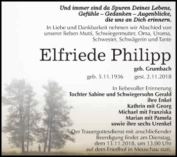 Traueranzeige von Elfriede Philipp von WVG - Wochenspiegel Merseburg