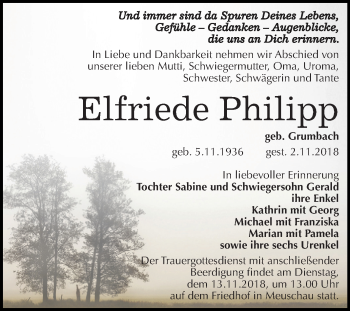 Traueranzeige von Elfriede Philipp von Mitteldeutsche Zeitung Merseburg/Querfurt