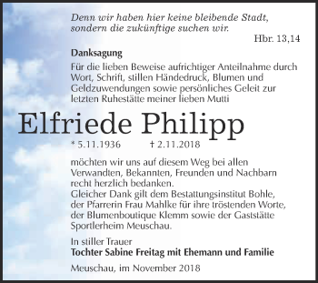 Traueranzeige von Elfriede Philipp von WVG - Wochenspiegel Merseburg