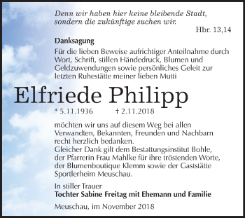 Traueranzeige von Elfriede Philipp von Mitteldeutsche Zeitung Merseburg/Querfurt