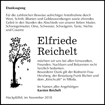 Traueranzeige von Elfriede Reichelt von Mitteldeutsche Zeitung Sangerhausen