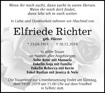 Traueranzeige von Elfriede Richter von Mitteldeutsche Zeitung Halle/Saalkreis