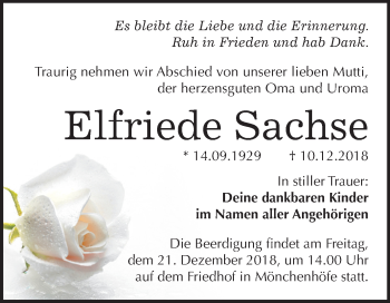 Traueranzeige von Elfriede Sachse von Mitteldeutsche Zeitung Wittenberg