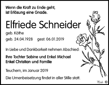 Traueranzeige von Elfriede Schneider von Mitteldeutsche Zeitung Weißenfels