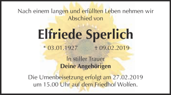 Traueranzeige von Elfriede Sperlich von WVG - Wochenspiegel Bitterfeld