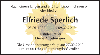 Traueranzeige von Elfriede Sperlich von Mitteldeutsche Zeitung Bitterfeld