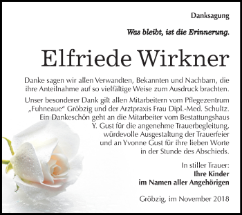 Traueranzeige von Elfriede Wirkner von Mitteldeutsche Zeitung Köthen