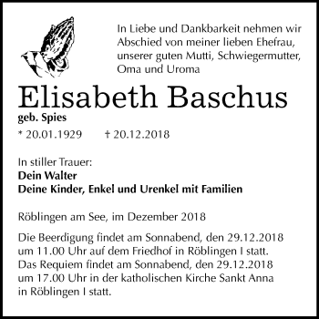 Traueranzeige von Elisabeth Baschus von Mitteldeutsche Zeitung Aschersleben