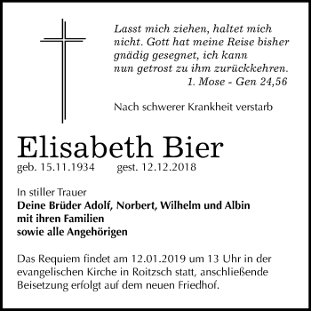 Traueranzeige von Elisabeth Bier von Mitteldeutsche Zeitung Bitterfeld