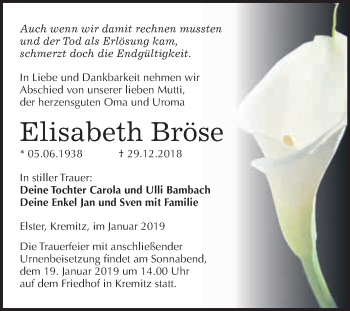 Traueranzeige von Elisabeth Bröse von WVG - Wochenspiegel Wittenberg