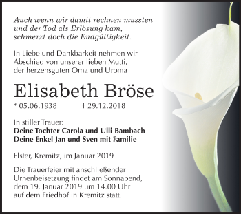 Traueranzeige von Elisabeth Bröse von Mitteldeutsche Zeitung Wittenberg