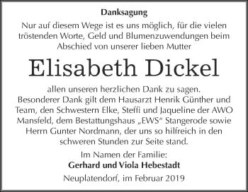 Traueranzeige von Elisabeth Dickel von Super Sonntag SGH Mansf. Land
