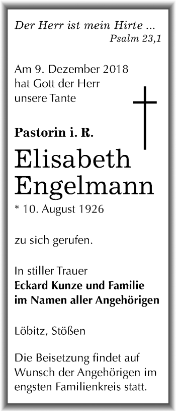 Traueranzeige von Elisabeth Engelmann von Mitteldeutsche Zeitung Naumburg/Nebra