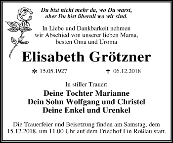 Traueranzeige von Elisabeth Grötzner von Mitteldeutsche Zeitung Dessau-Roßlau
