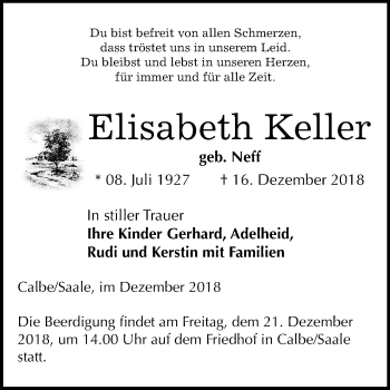 Traueranzeige von Elisabeth Keller von Mitteldeutsche Zeitung Merseburg/Querfurt