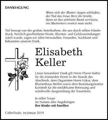 Traueranzeige von Elisabeth Keller von Mitteldeutsche Zeitung Merseburg/Querfurt