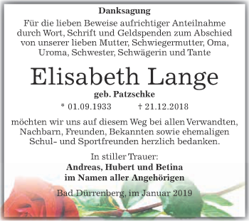 Traueranzeige von Elisabeth Lange von Super Sonntag Merseburg