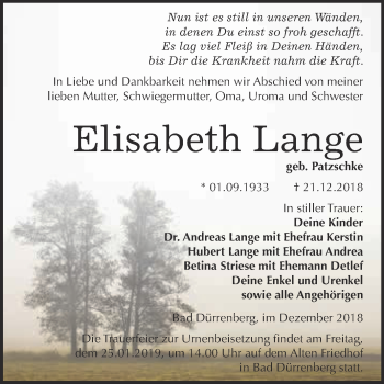 Traueranzeige von Elisabeth Lange von Super Sonntag Merseburg