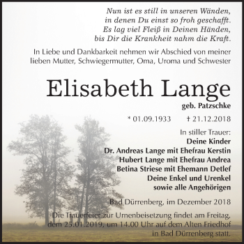Traueranzeige von Elisabeth Lange von Mitteldeutsche Zeitung Merseburg/Querfurt