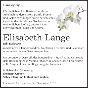 Traueranzeige von Elisabeth Lange von Mitteldeutsche Zeitung Halle/Saalkreis