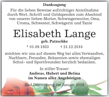 Traueranzeige von Elisabeth Lange von Mitteldeutsche Zeitung Merseburg/Querfurt