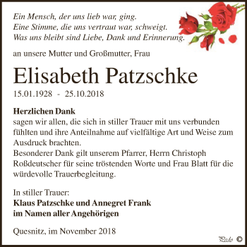 Traueranzeige von Elisabeth Patzschke von Super Sonntag Zeitz