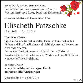 Traueranzeige von Elisabeth Patzschke von Mitteldeutsche Zeitung Zeitz
