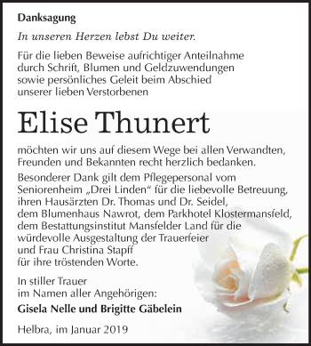 Traueranzeige von Elise Thunert von Wochenspiegel Mansfelder Land