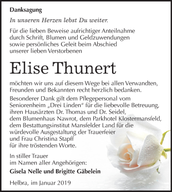 Traueranzeige von Elise Thunert von Mitteldeutsche Zeitung Mansfelder Land