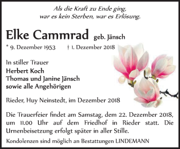 Traueranzeige von Elke Cammrad von Mitteldeutsche Zeitung Quedlinburg