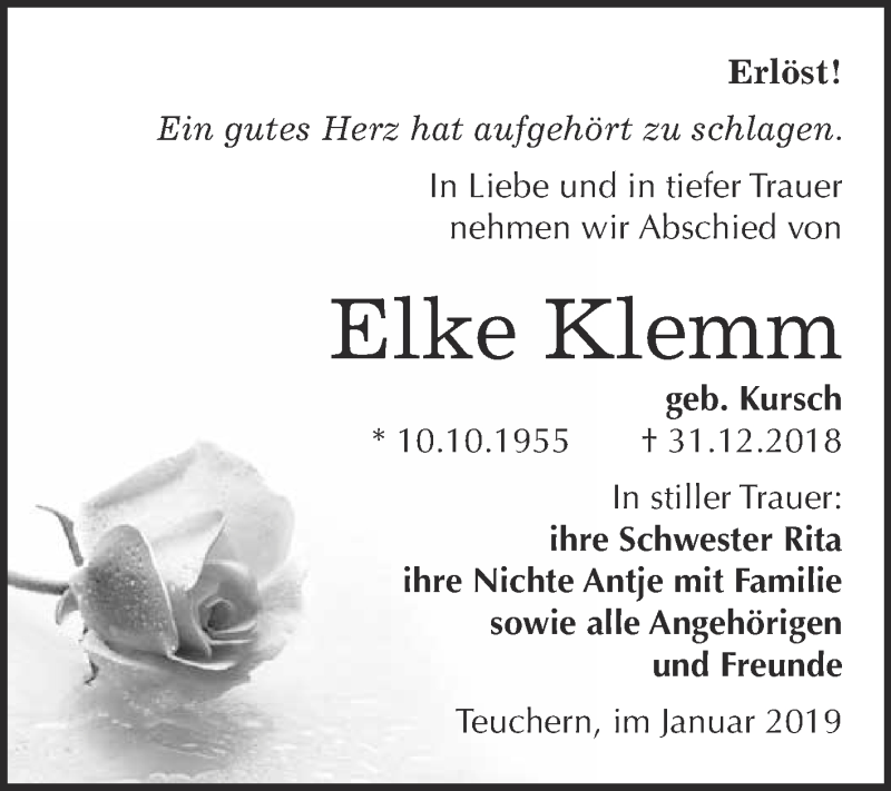  Traueranzeige für Elke Klemm vom 07.01.2019 aus WVG - Wochenspiegel NMB / WSF / ZTZ