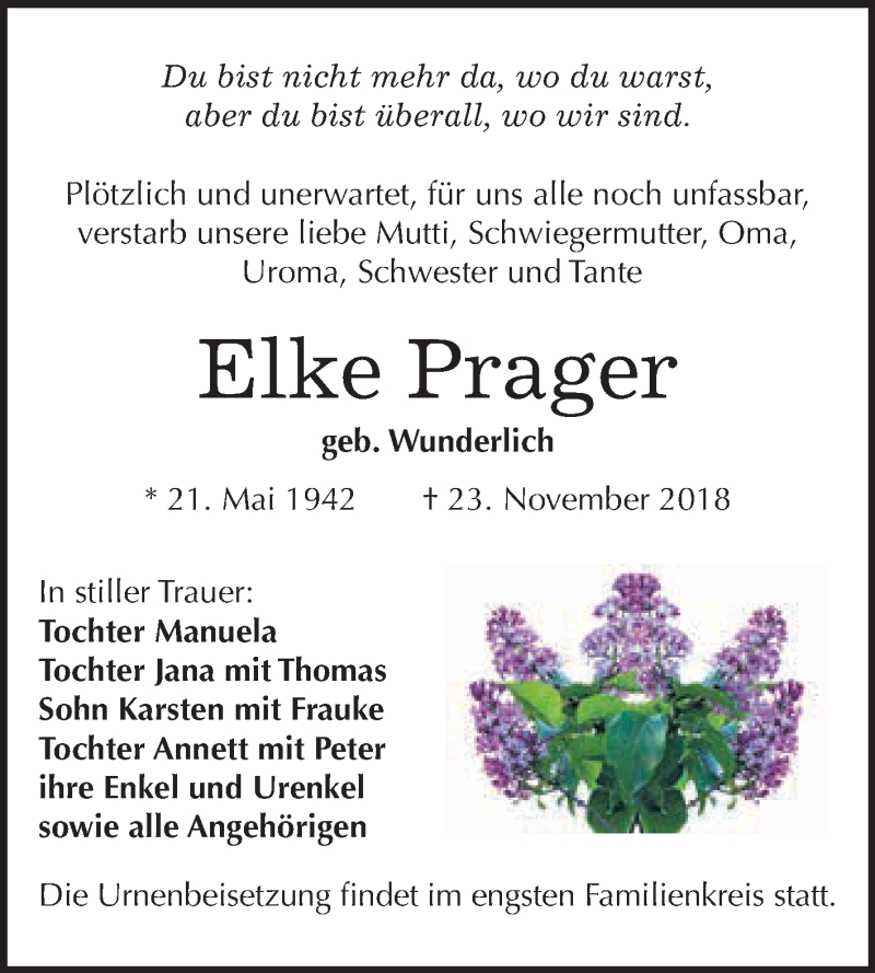  Traueranzeige für Elke Prager vom 01.12.2018 aus Super Sonntag Zeitz