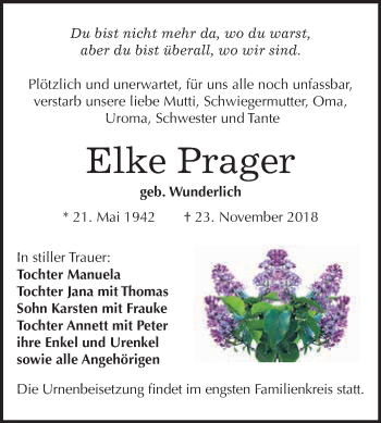 Traueranzeige von Elke Prager von Super Sonntag Zeitz