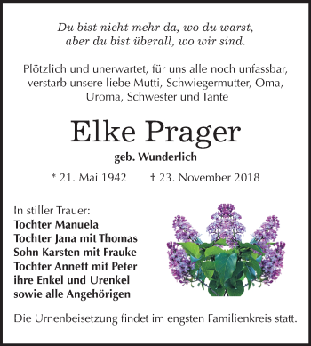 Traueranzeige von Elke Prager von Mitteldeutsche Zeitung Zeitz