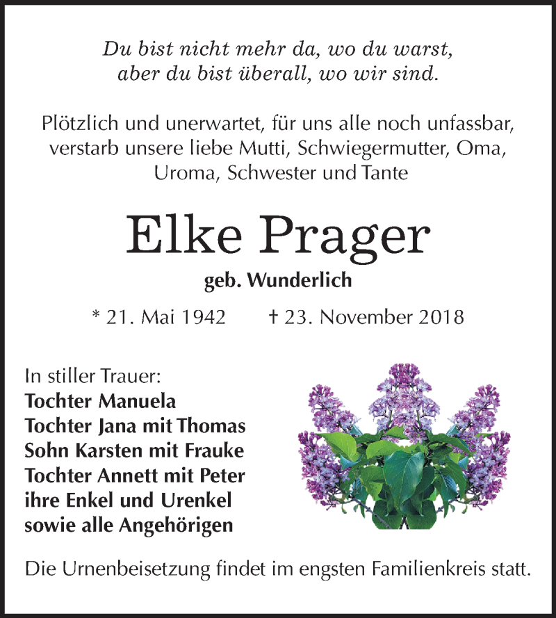  Traueranzeige für Elke Prager vom 01.12.2018 aus Mitteldeutsche Zeitung Zeitz