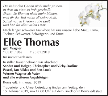 Traueranzeige von Elke Thomas von Wochenspiegel Mansfelder Land