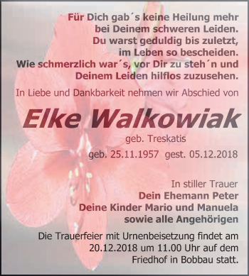 Traueranzeige von Elke Walkowiak von WVG - Wochenspiegel Bitterfeld