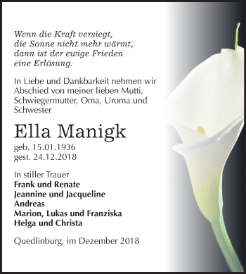 Traueranzeige von Ella Manigk von Mitteldeutsche Zeitung Quedlinburg