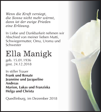 Traueranzeige von Ella Manigk von WVG - Wochenspiegel Quedlinburg
