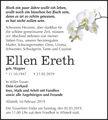 Traueranzeige von Ellen Ereth von Mitteldeutsche Zeitung Sangerhausen