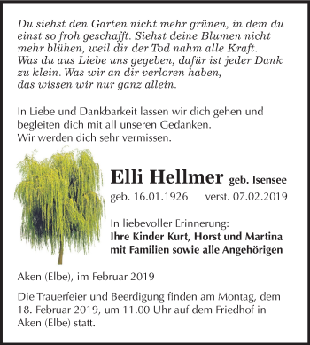Traueranzeige von Elli Hellmer von Mitteldeutsche Zeitung Köthen
