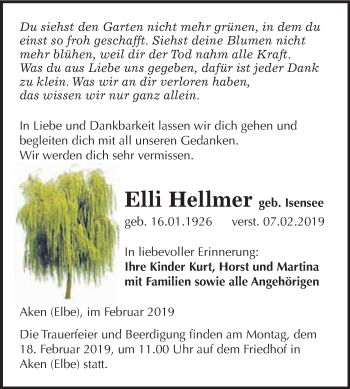 Traueranzeige von Elli Hellmer von WVG - Wochenspiegel Dessau / Köthen