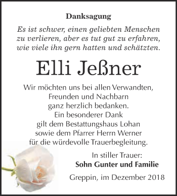 Traueranzeige von Elli Jeßner von WVG - Wochenspiegel Bitterfeld