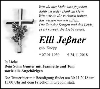 Traueranzeige von Elli Jeßner von Mitteldeutsche Zeitung Bitterfeld