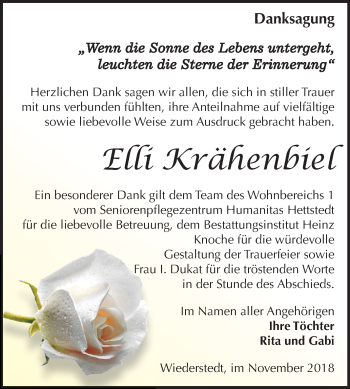 Traueranzeige von Elli Krähenbiel von Mitteldeutsche Zeitung Aschersleben