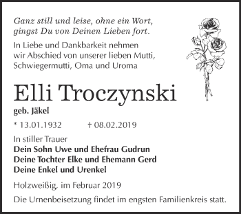 Traueranzeige von Elli Troczynski von WVG - Wochenspiegel Bitterfeld