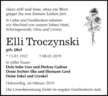 Traueranzeige von Elli Troczynski von Mitteldeutsche Zeitung Bitterfeld