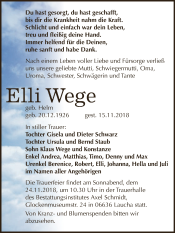 Traueranzeige von Elli Wege von WVG - Wochenspiegel NMB / WSF / ZTZ