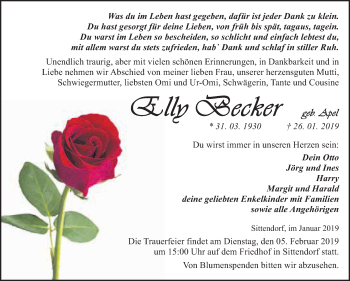 Traueranzeige von Elly Becker von Super Sonntag SGH Mansf. Land